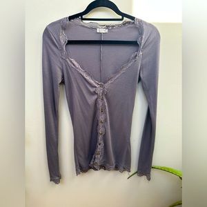 Free People Lavender Lace-Trim Long Sleeve Button Cardigan